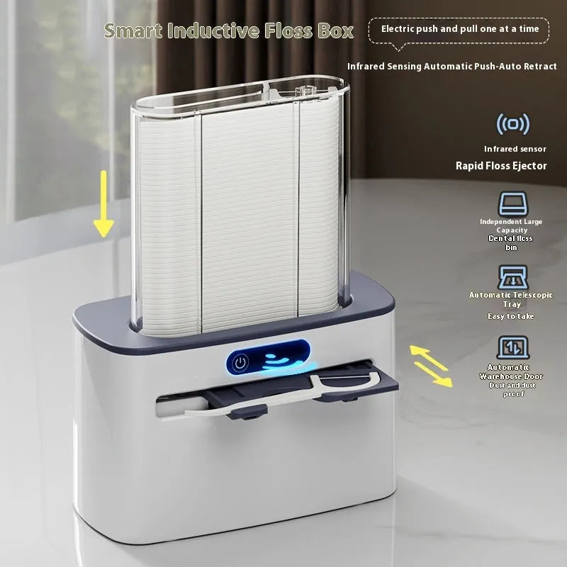 Intelligent induction dental floss box in dark grey colour showing automatic pop-up mechanism with rechargeable battery