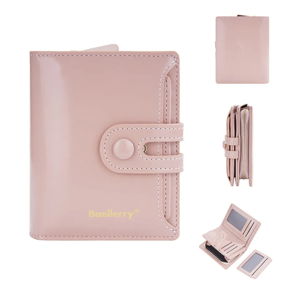 Women's PU leather card holder wallet shown in various colours including black, white, blue, red, green, brown, pink, and orange.