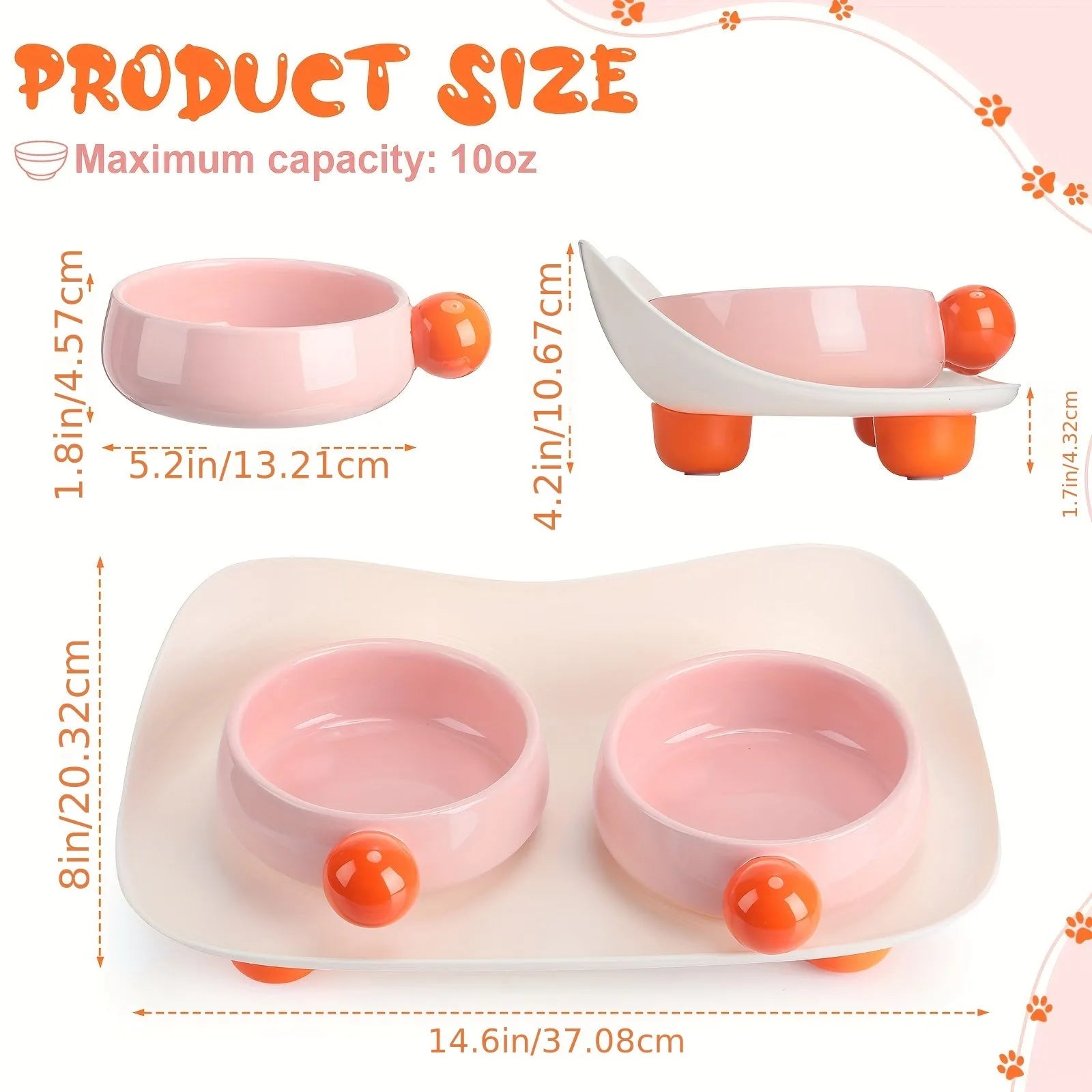 Elevated double ceramic pet bowl set in pink or yellow with non-slip base for cats and small dogs