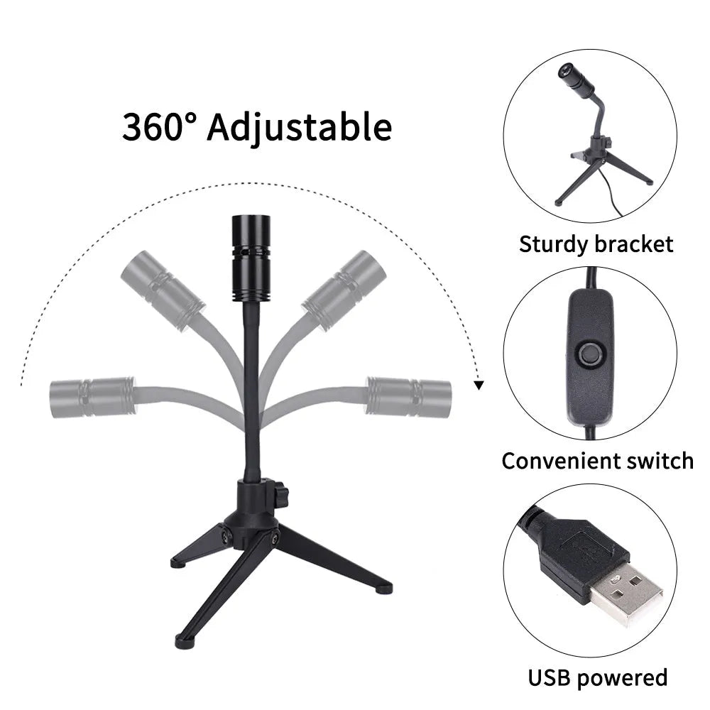 USB-powered Earth and Moon projection lamp with flexible hose bracket on a wooden table.