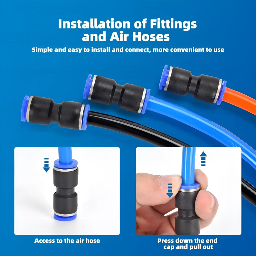 60-piece assortment of grey alloy plastic pneumatic push-in connectors with R1/4 and R1/2 sizes