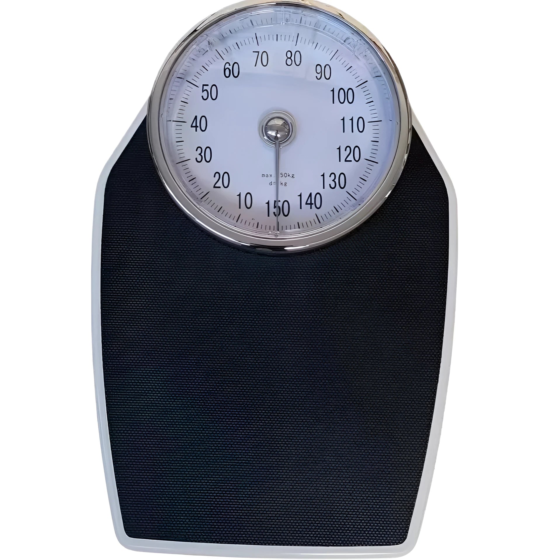 Black mechanical bathroom scale with large analogue dial on 47x35cm platform.