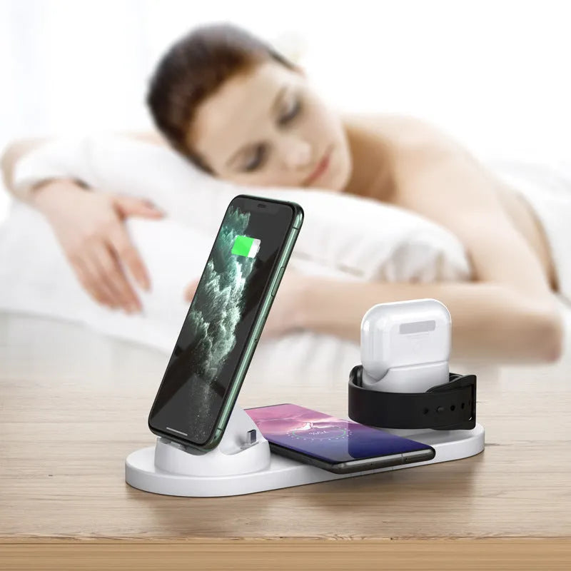 Black or white 6-in-1 wireless charging phone holder with 10W output and AirPods charging