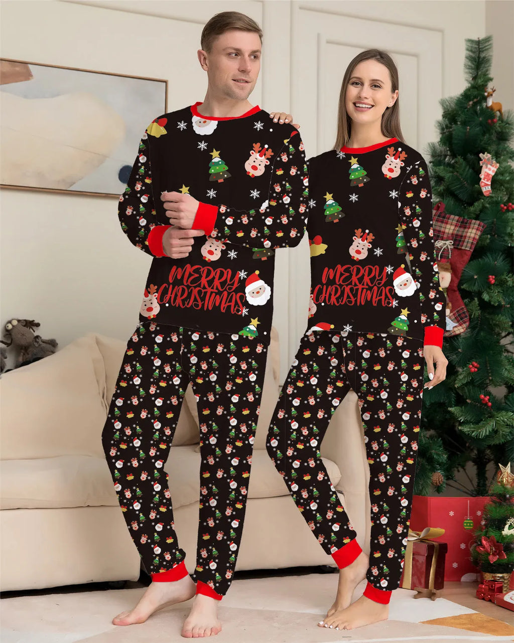 Family matching Christmas pyjamas set in red plaid print for adults, children, baby and dog