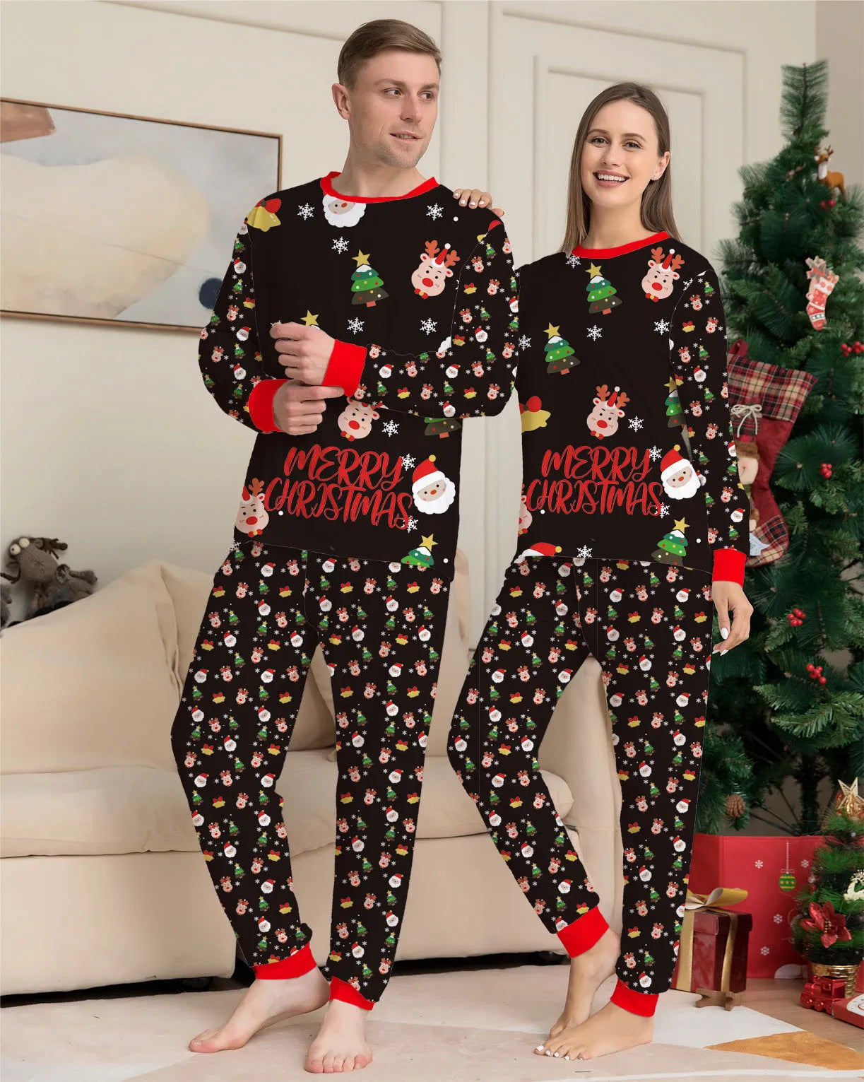Family matching Christmas pyjamas set in red plaid print for adults, children, baby and dog