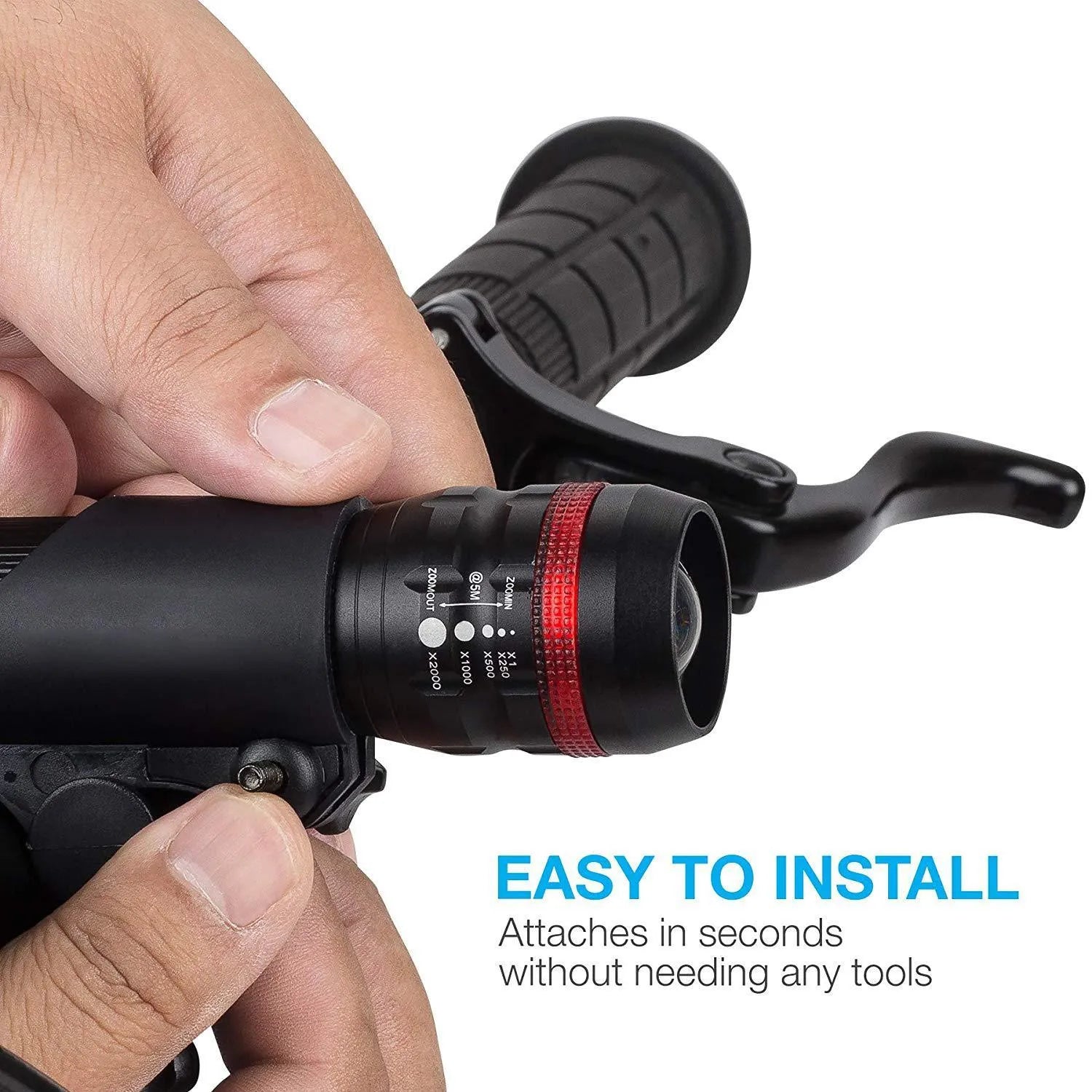 Bicycle headlight and red taillight set with a black mounting bracket on a white background.