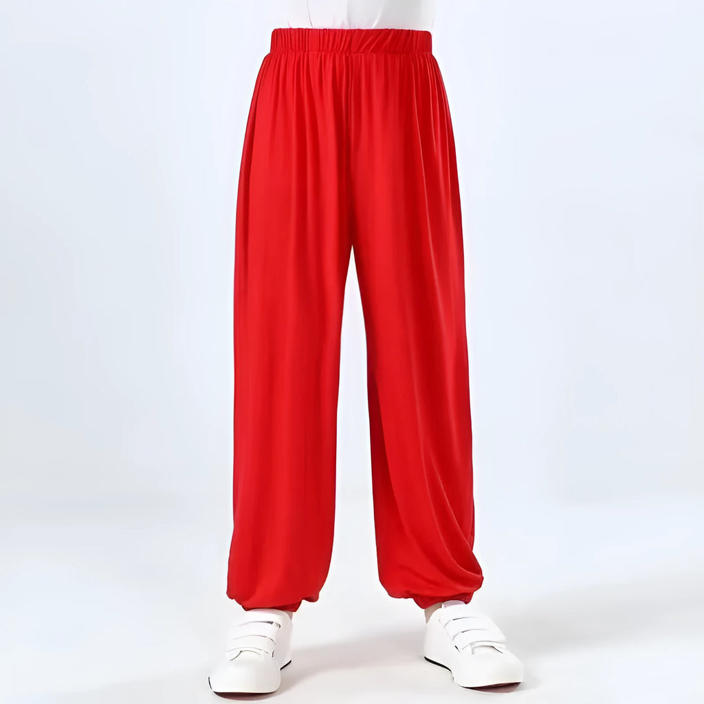 Black children's high elasticity Lycra practice pants for Sanda martial arts.