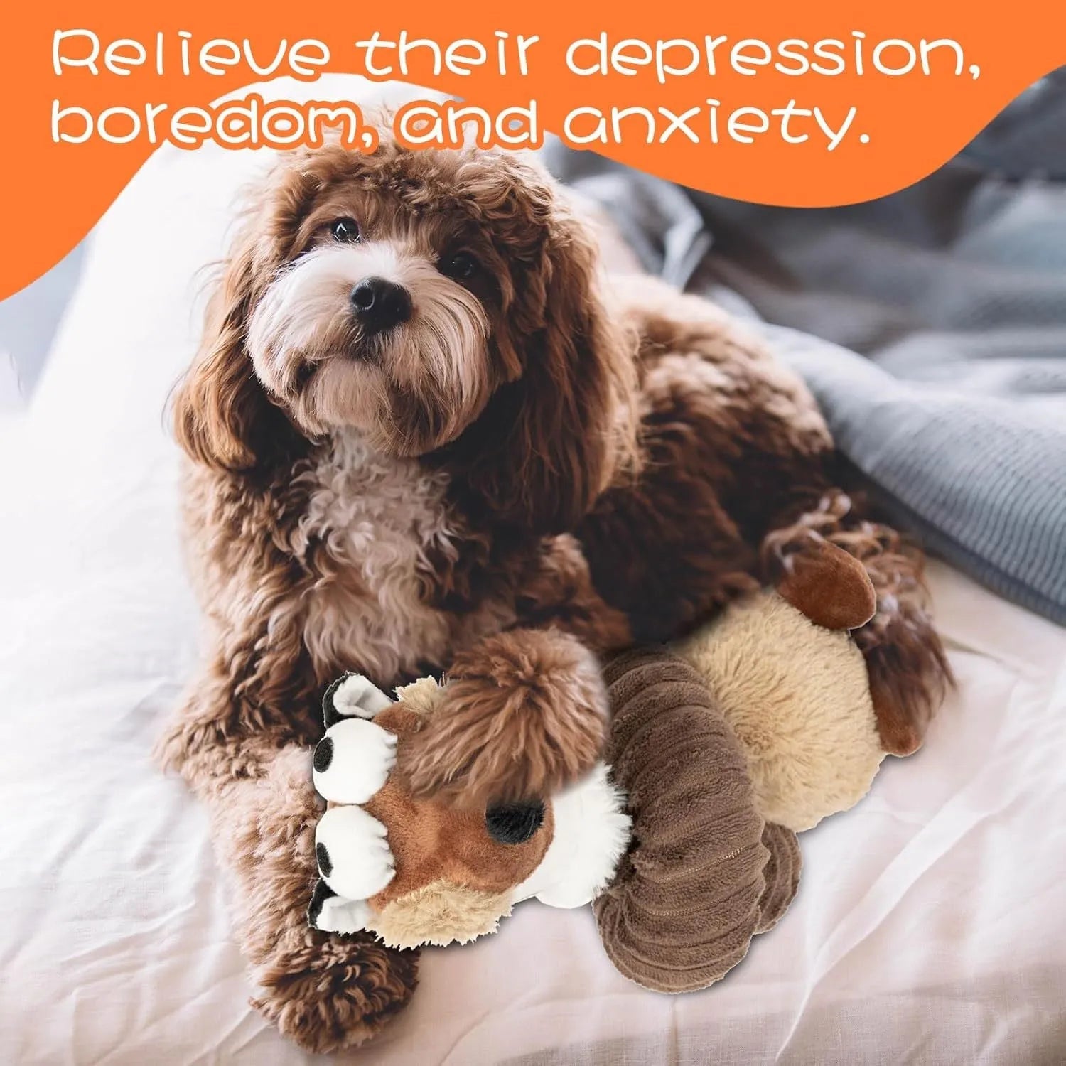 Brown, grey, and yellow plush dog toys with squeakers and crinkle paper inside.