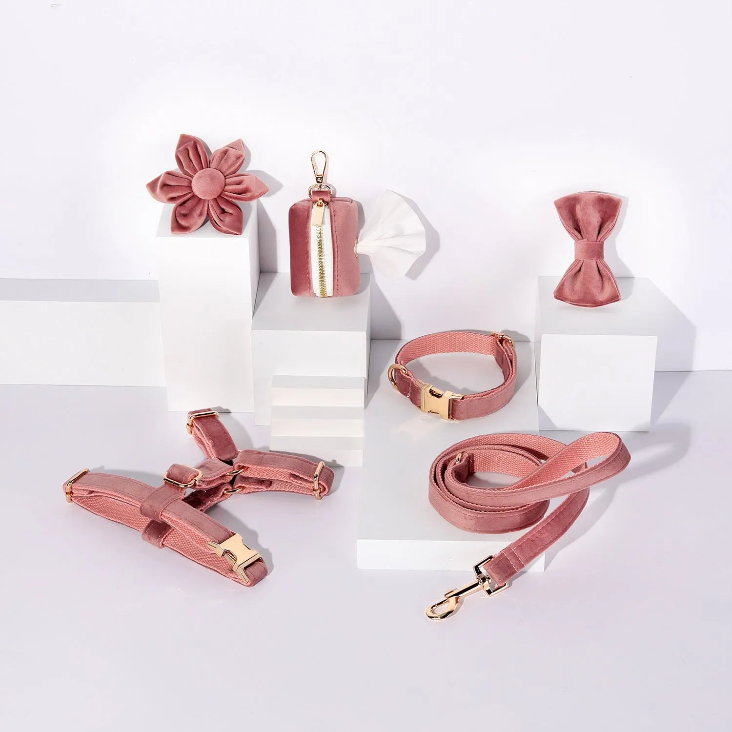Classic soft velvet dog collar and matching traction rope set with chest strap, bow tie, and accessories in multiple colour options