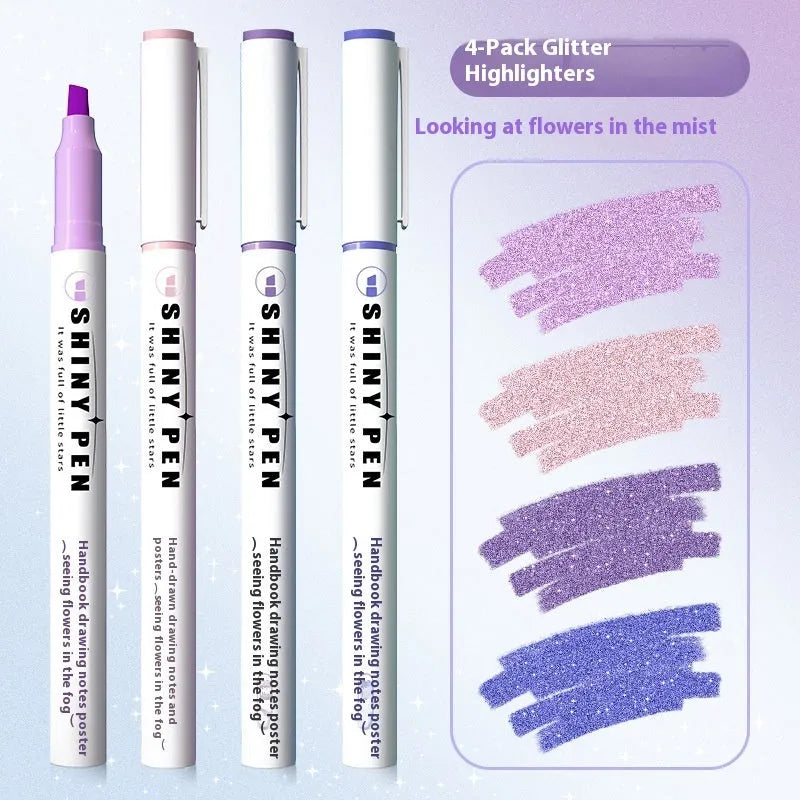 Four glitter fluorescent highlighter pens with slanted tips shown in a set.