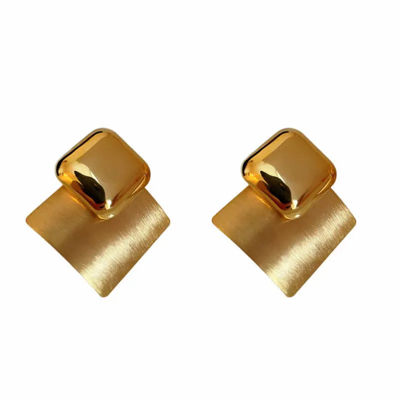 Gold brushed square stud earrings for women with alloy body and 925 silver needle, shown in 4.5cm and 3.5cm sizes