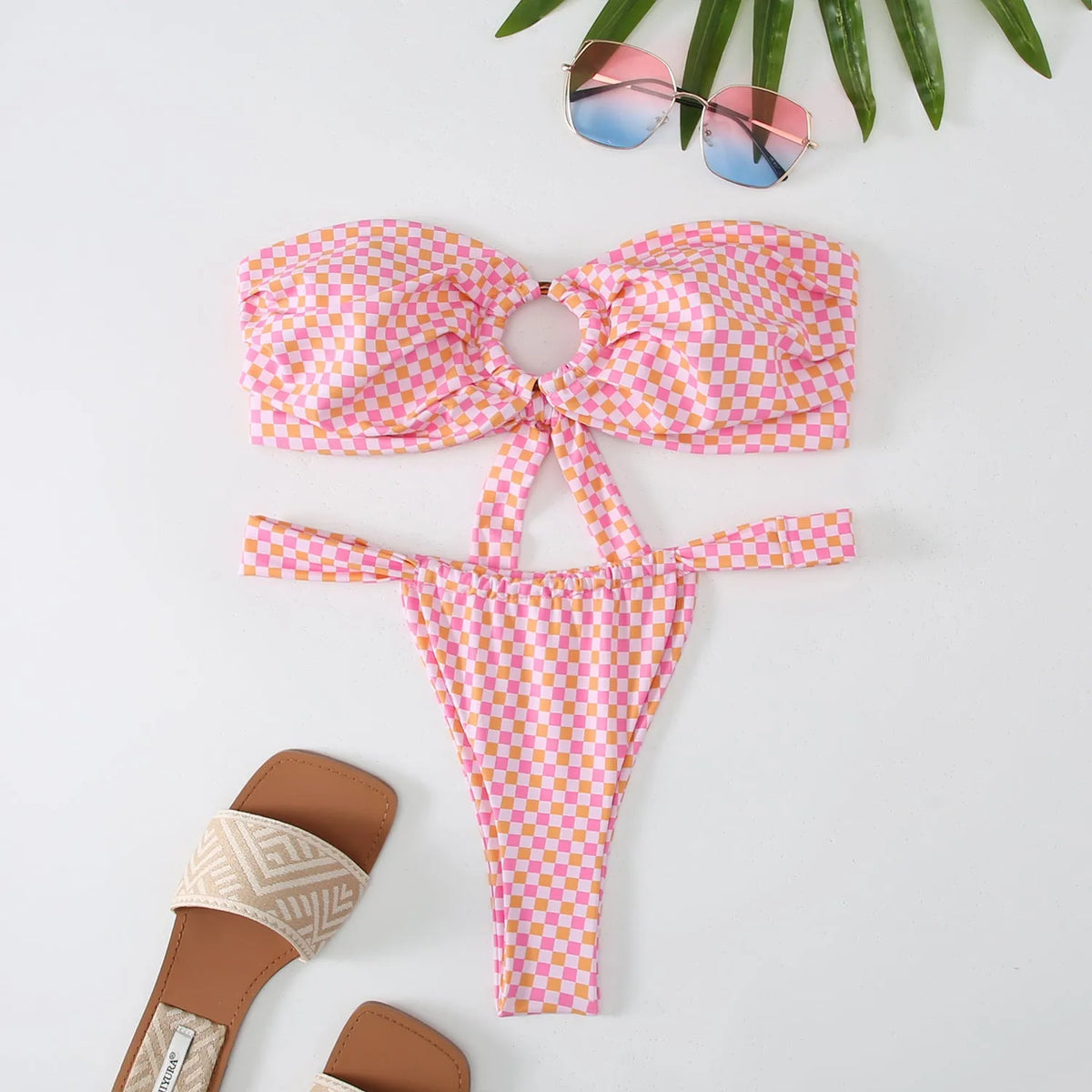 Women's floral print tube top bikini set with bra and briefs in backless design