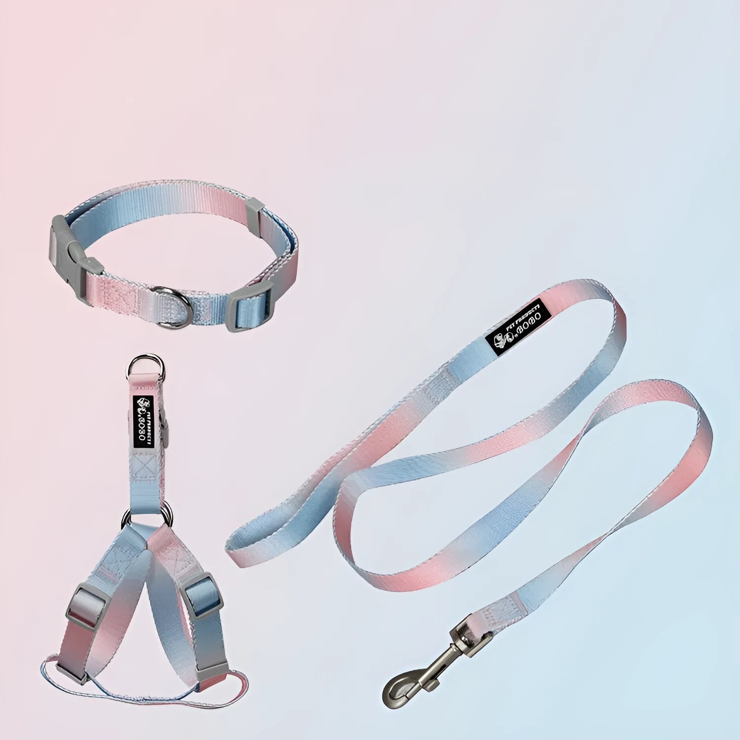 Nylon dog leash and collar set in gradient colours of pink and blue for small or medium breeds