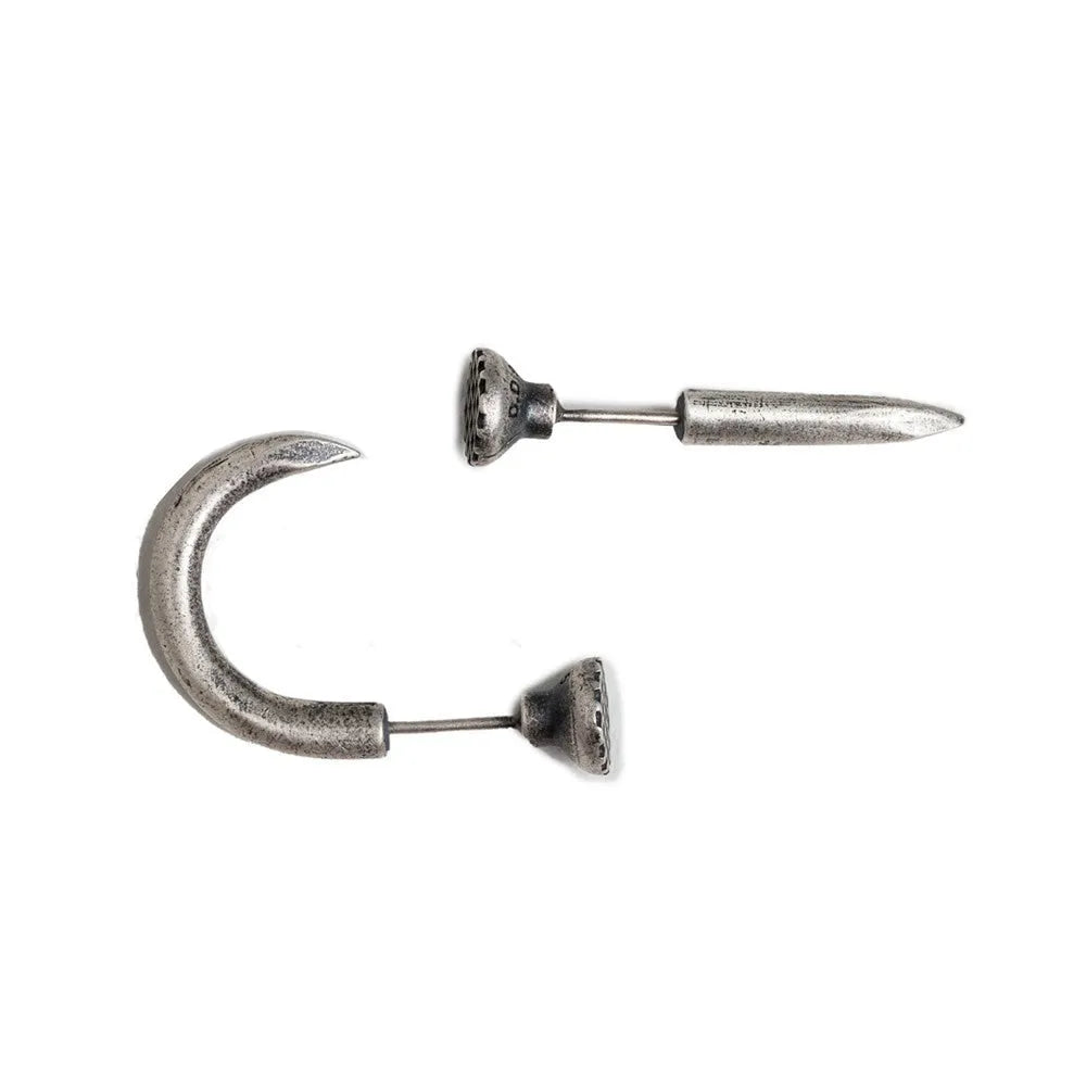 S925 Sterling Silver single nail stud earring on ear hook in straight or curved punk style.