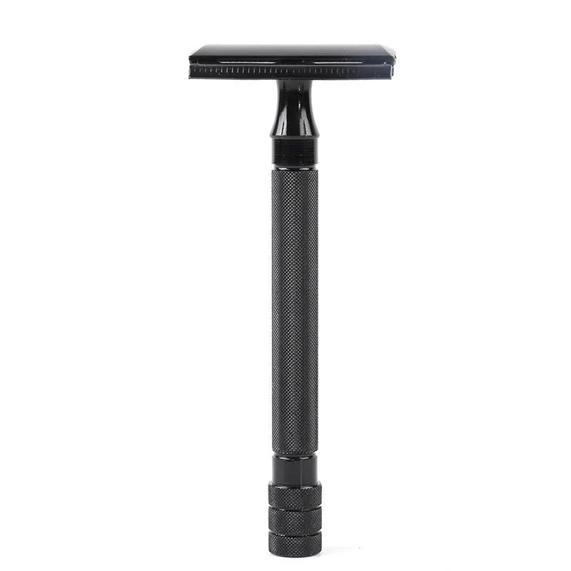 Manual barber shaving razor and brush combination set in traditional metal construction