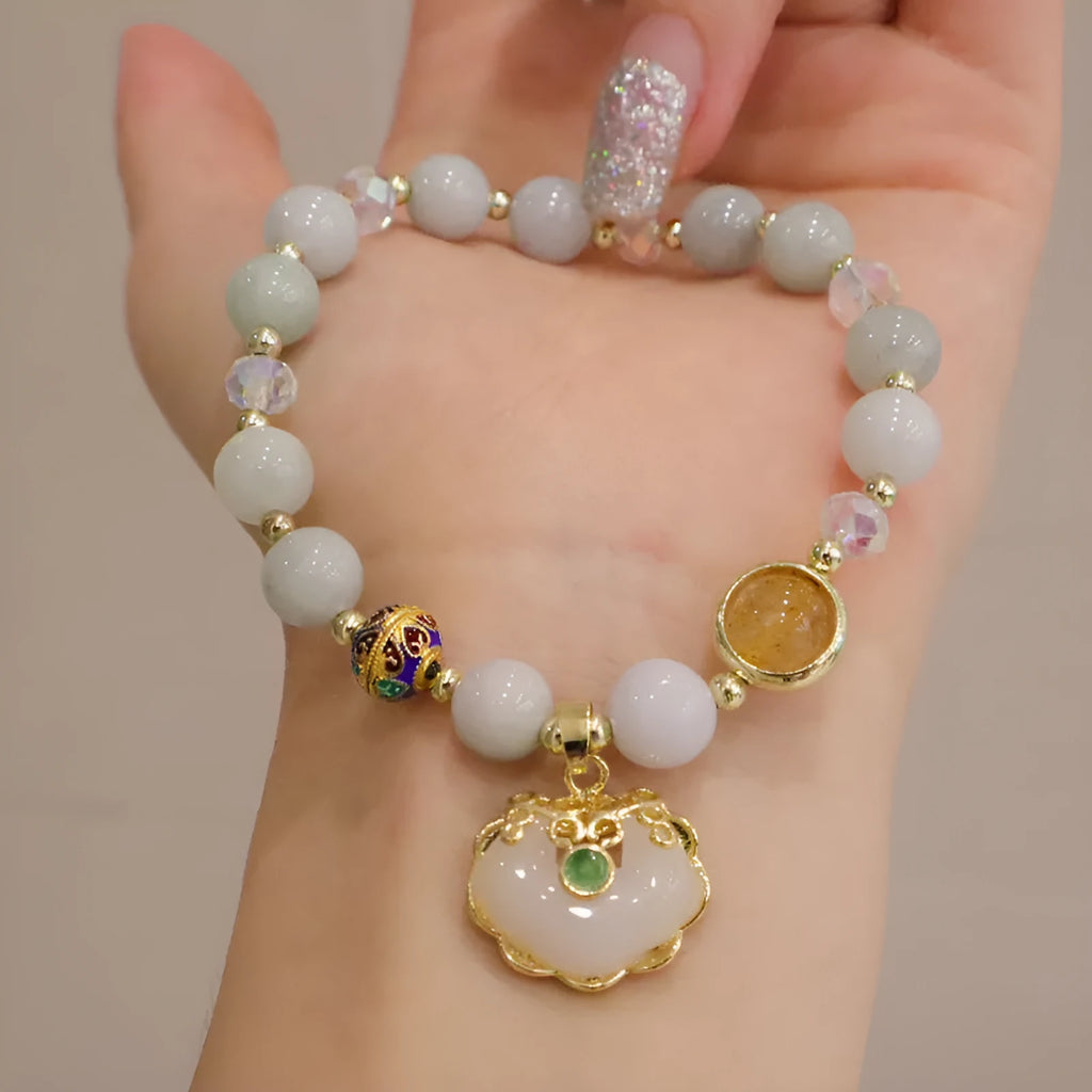 Gray jade and strawberry quartz women's bracelet with geometric metal decorations ethnic style