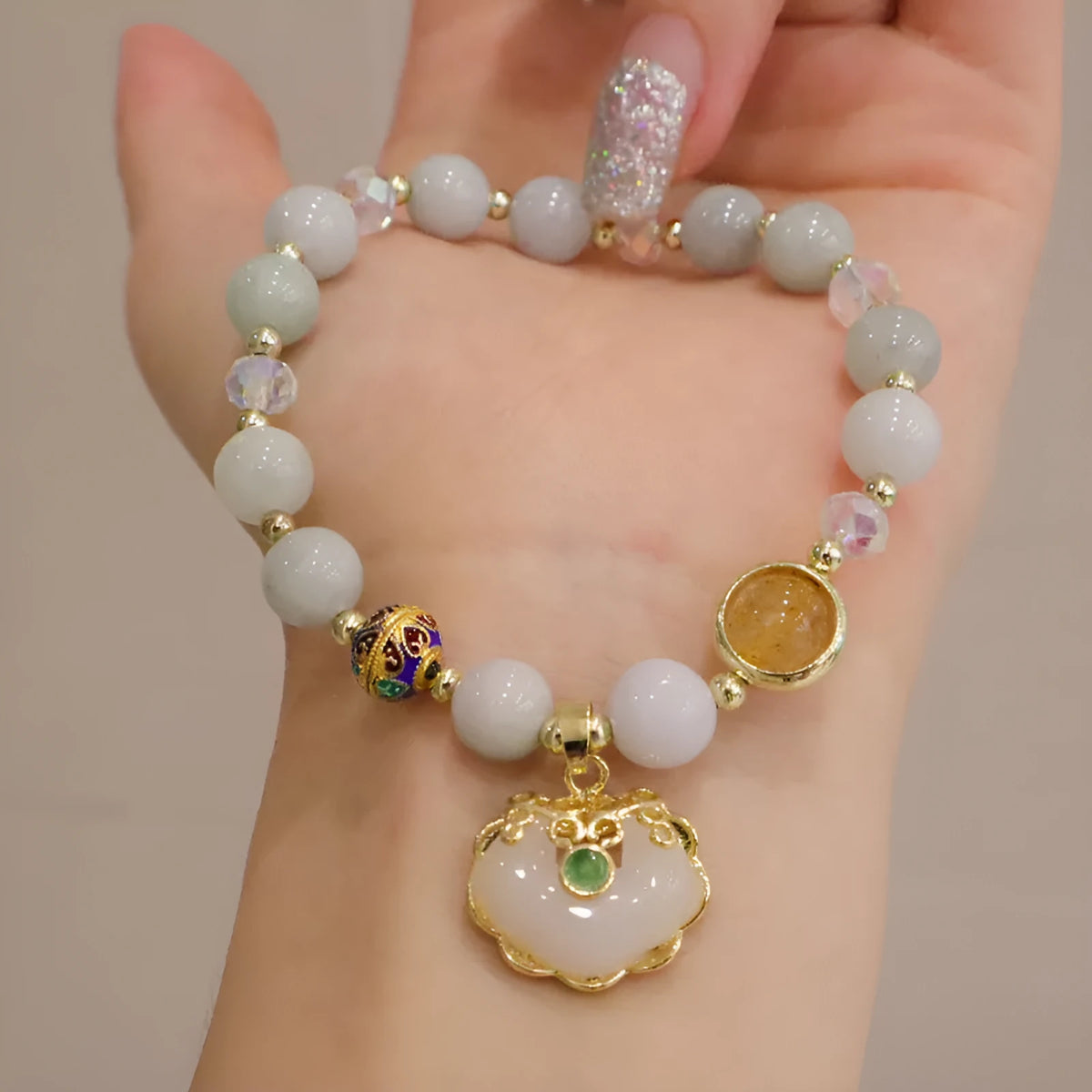 Gray jade and strawberry quartz women's bracelet with geometric metal decorations ethnic style