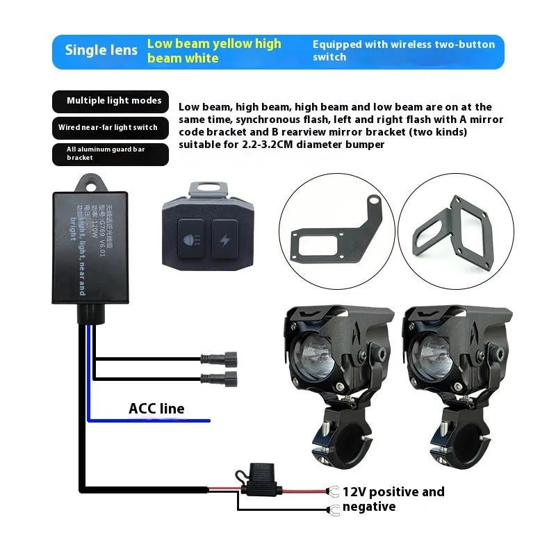 Motorcycle LED spotlight kit showing lights, wireless remote switch, mounting brackets, and wiring components