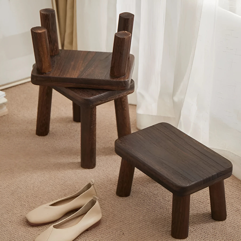 Distressed finish wooden changing stool with bracket structure for living room use
