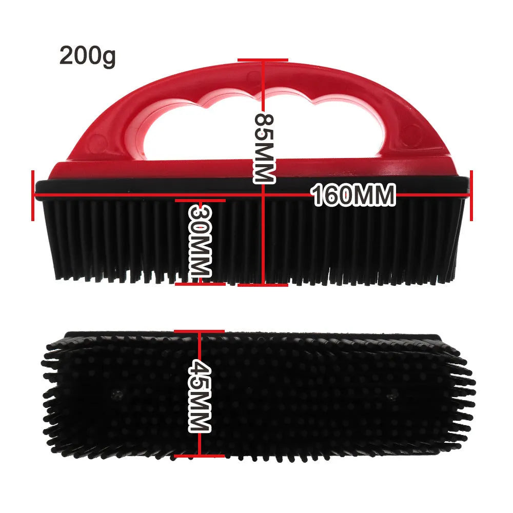 Red multifunctional pet hair removal brush for bathing massage and carpet cleaning, 160mm by 85mm