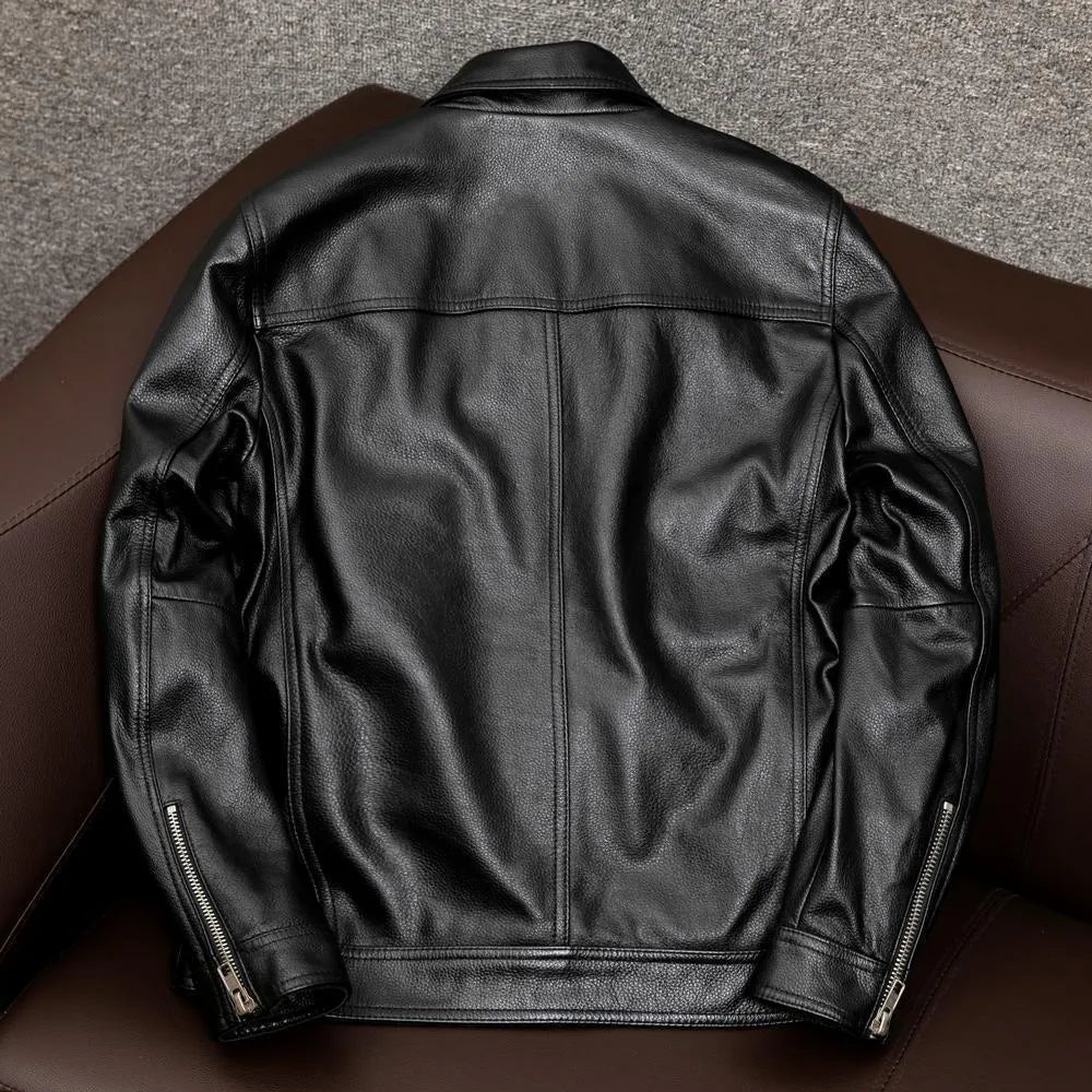 Men's plus size loose fit PU leather jacket with lapel design and side seam pockets in black or brown options