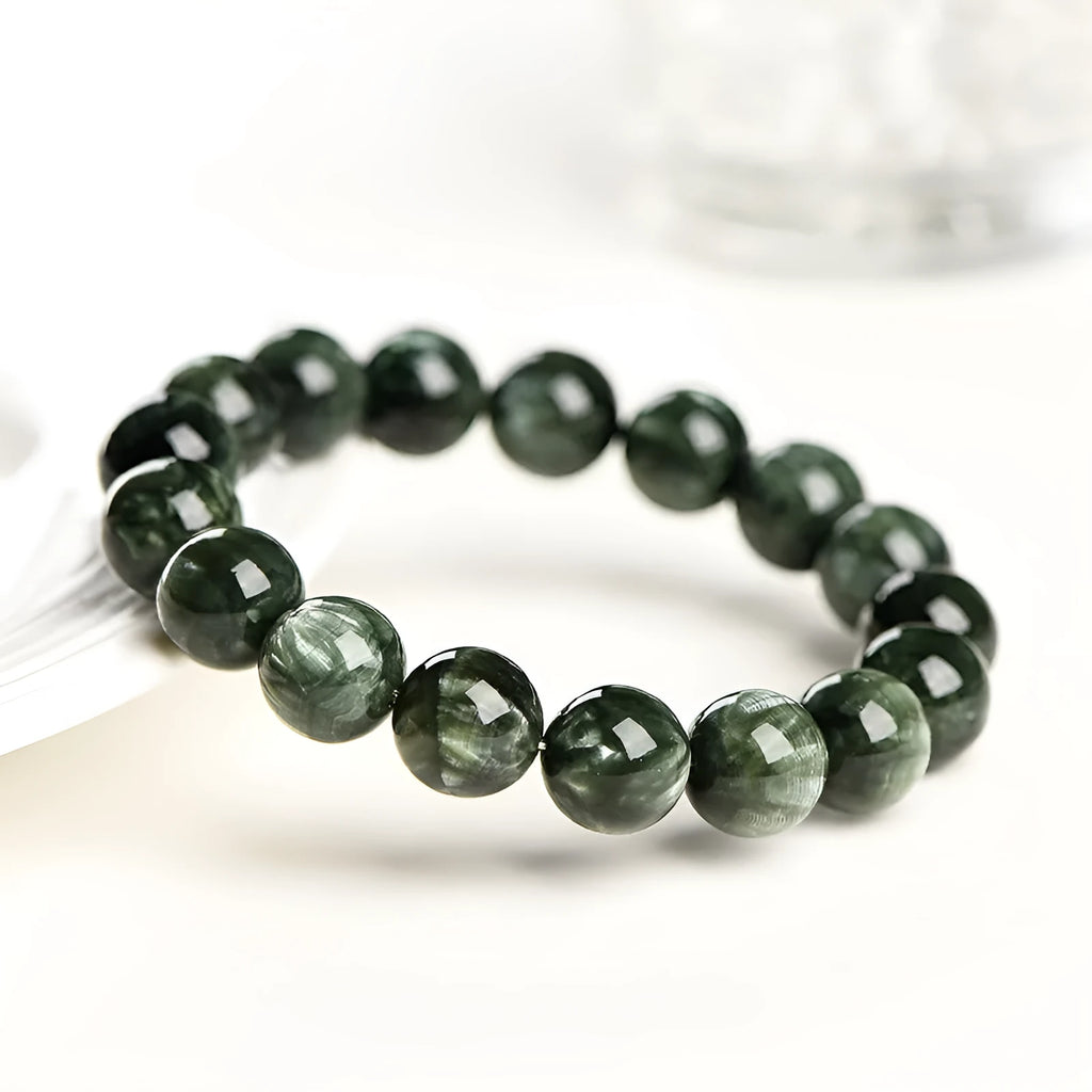 Natural green dragon crystal bracelet with 8-9mm geometric beads and ruyi design