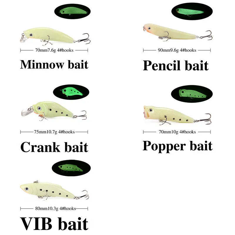 Set of five 3D fluorescent hard bait fishing lures with realistic fish-scale patterns in assorted colours