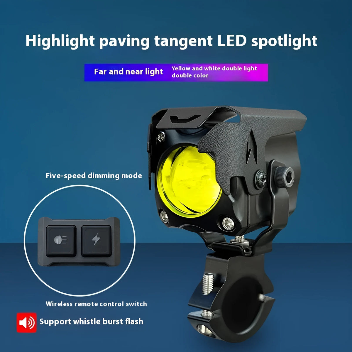 Motorcycle LED spotlight kit showing lights, wireless remote switch, mounting brackets, and wiring components