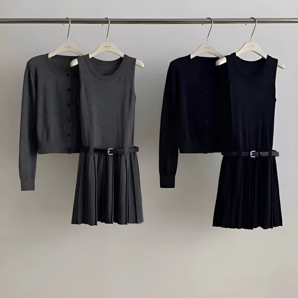 Women's grey knitted vest skirt and cardigan two-piece set with pleated art retro style