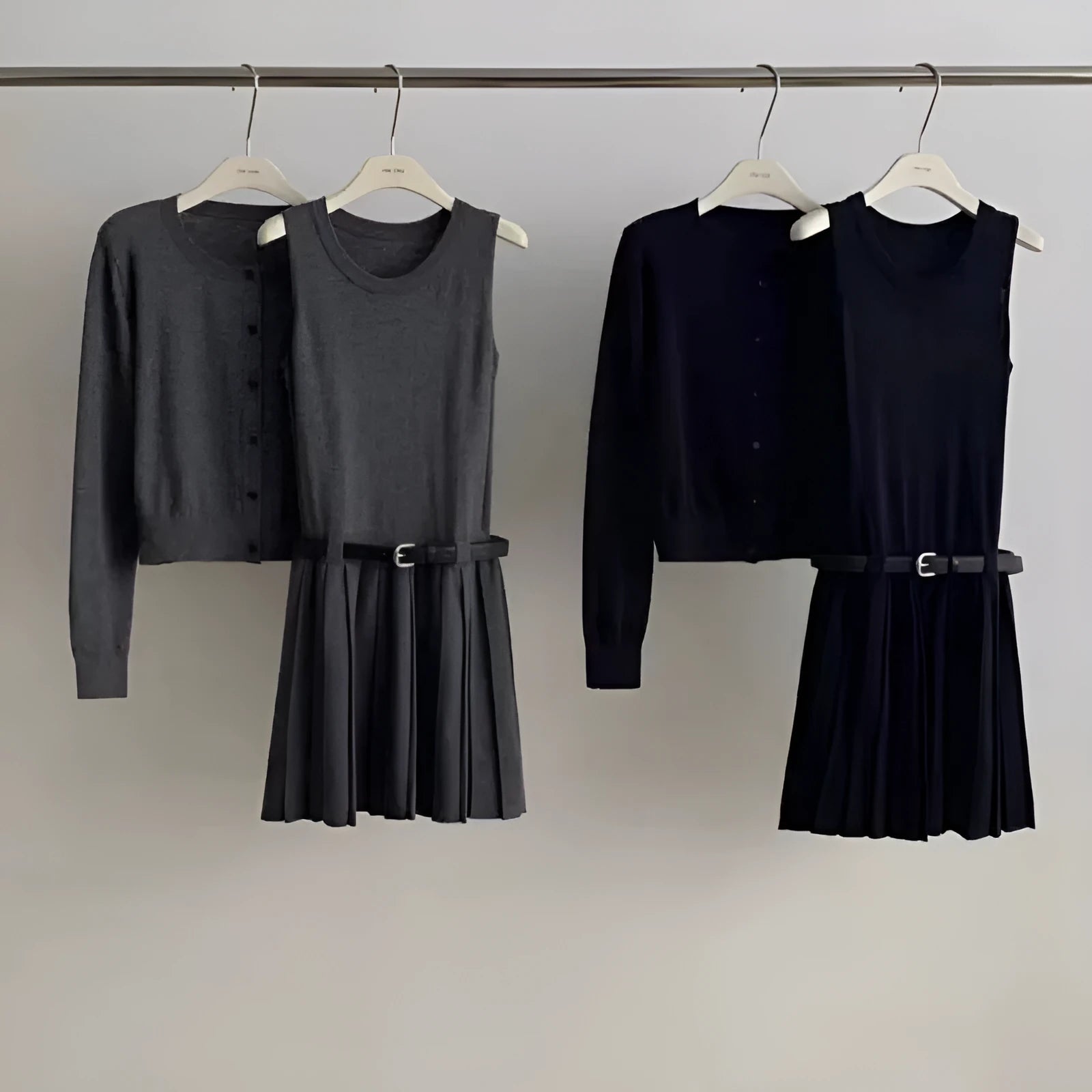 Women's grey knitted vest skirt and cardigan two-piece set with pleated art retro style