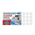 Pack of 12 white dishwasher cleaning tablets for descaling and grease removal.