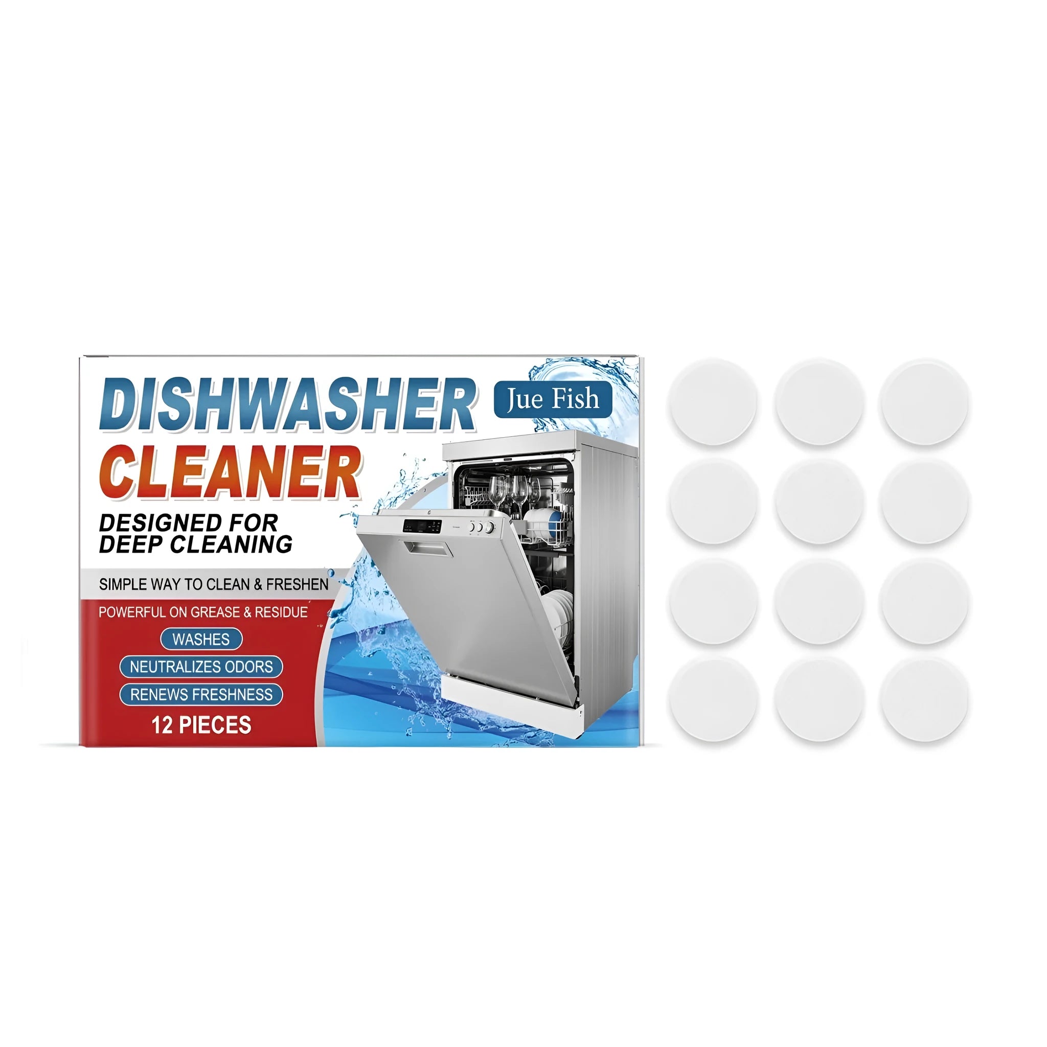 Pack of 12 white dishwasher cleaning tablets for descaling and grease removal.