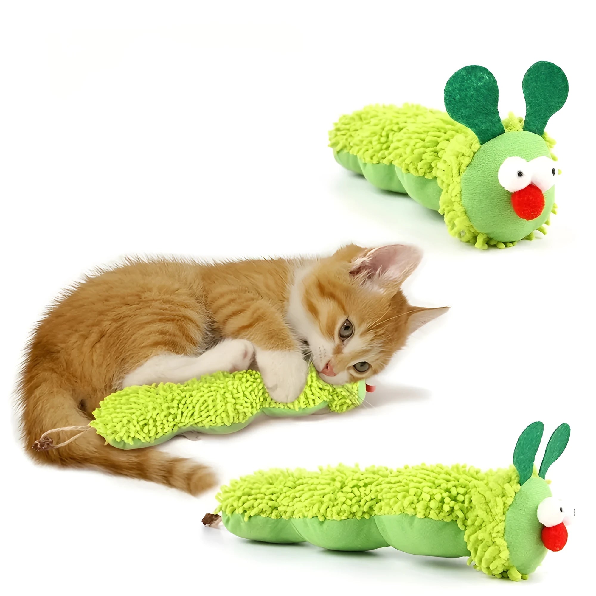 Green interactive plush cat toy with sports accessories showing 24cm length dimensions