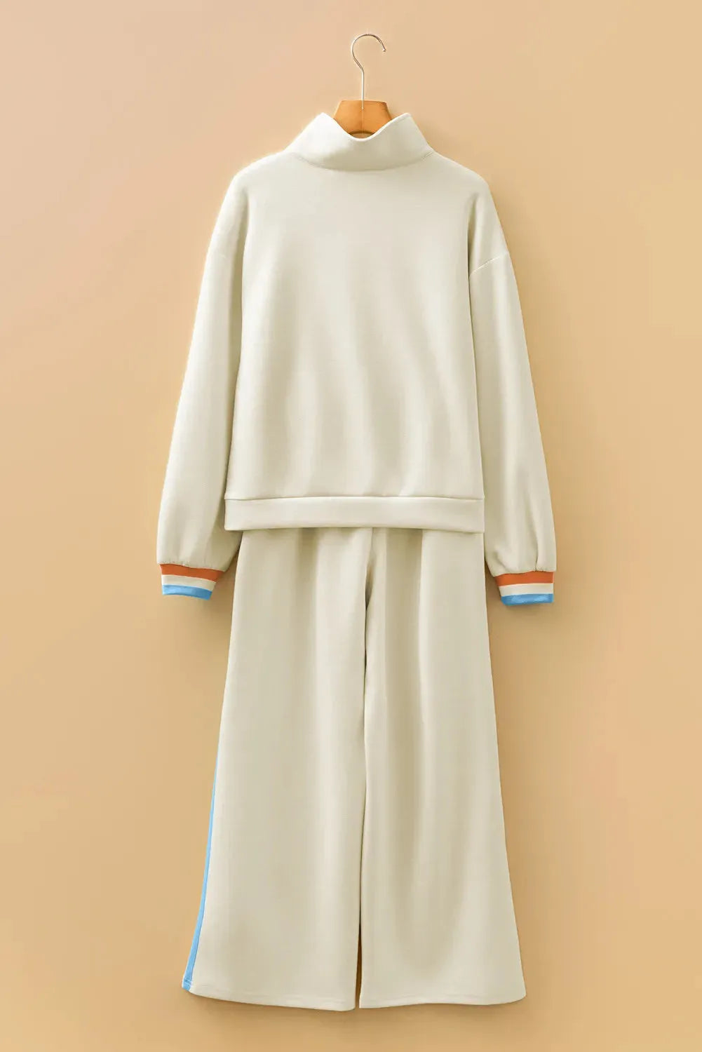 Apricot striped patchwork quarter zip pullover and loose pant set for women, sizes S to XL