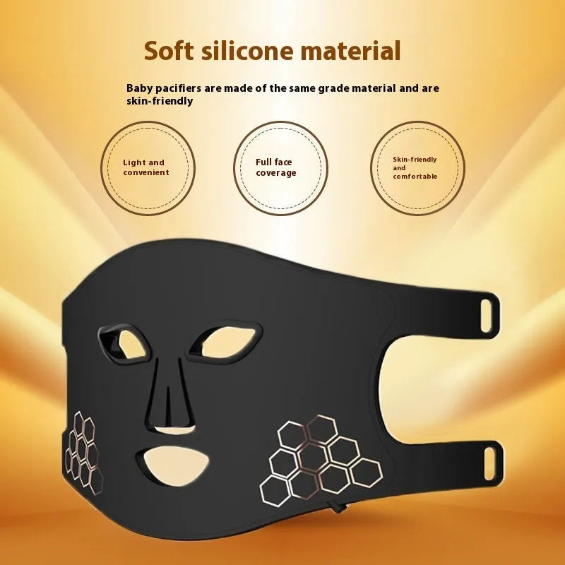 Black LED photon light therapy face mask with neck piece for at-home skin treatment.