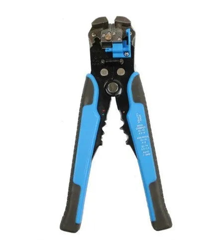 Yellow automatic wire stripper crimper cutter multitool with adjustment screw and alloy steel jaws