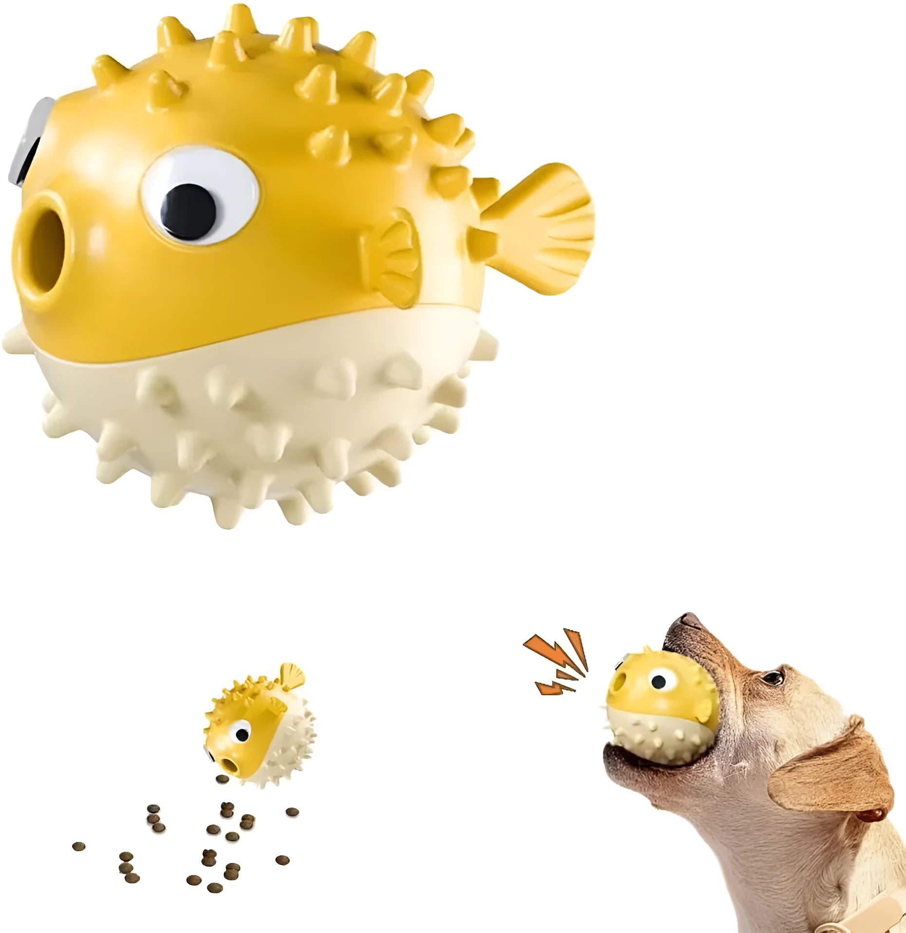 Fish-shaped TPR dog toy with treat dispenser in green, red, or yellow colours