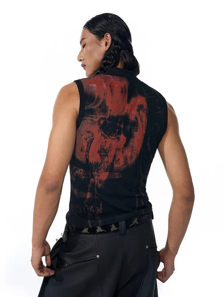 Black sleeveless t-shirt with half turtleneck collar and printed character pattern design