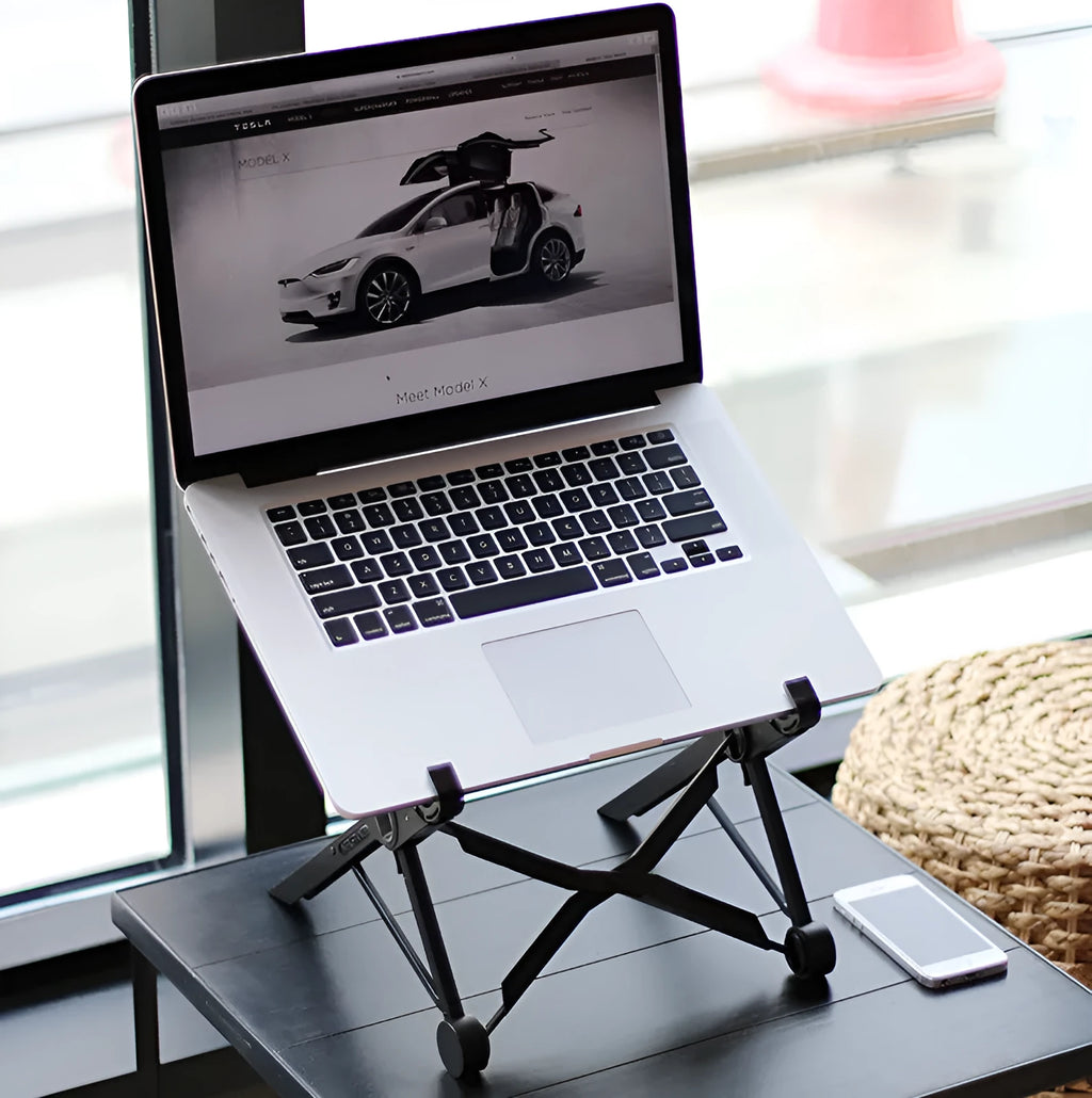 Black folding portable laptop stand made of reinforced nylon with compact dimensions