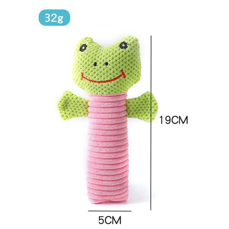 Squeaky stuffed animal dog chew toy for dental care, shown in calf, frog, or puppy design.