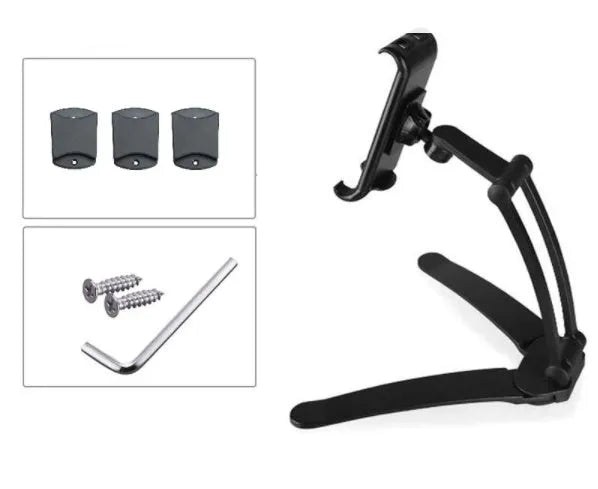 Silver and white aluminium alloy desktop tablet stand holding a tablet at an adjustable angle.