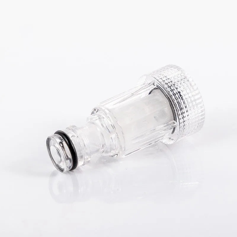 Transparent plastic water inlet joint for Karcher pressure washers, showing 3cm diameter.