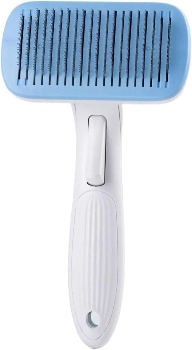 Automatic pet hair removal comb in blue, measuring 10.7cm by 19.5cm.