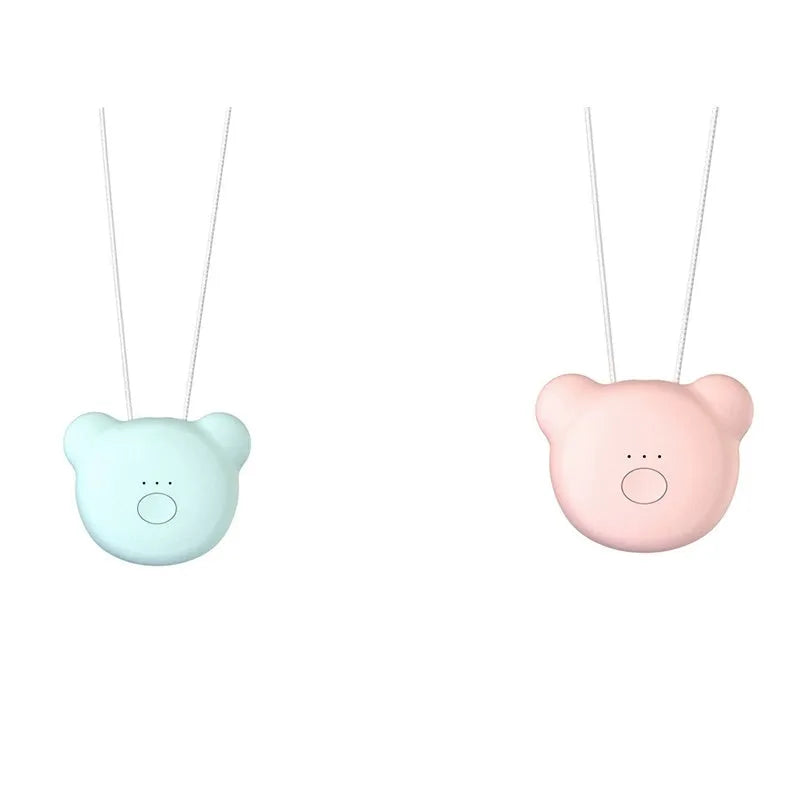 Mini USB air purifier necklace in pink, showing compact dimensions and wearable design.