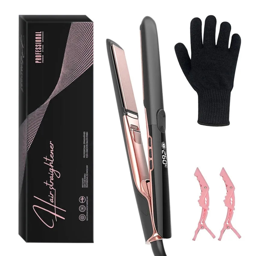 White anion hair straightener and curler with digital temperature display and EU plug