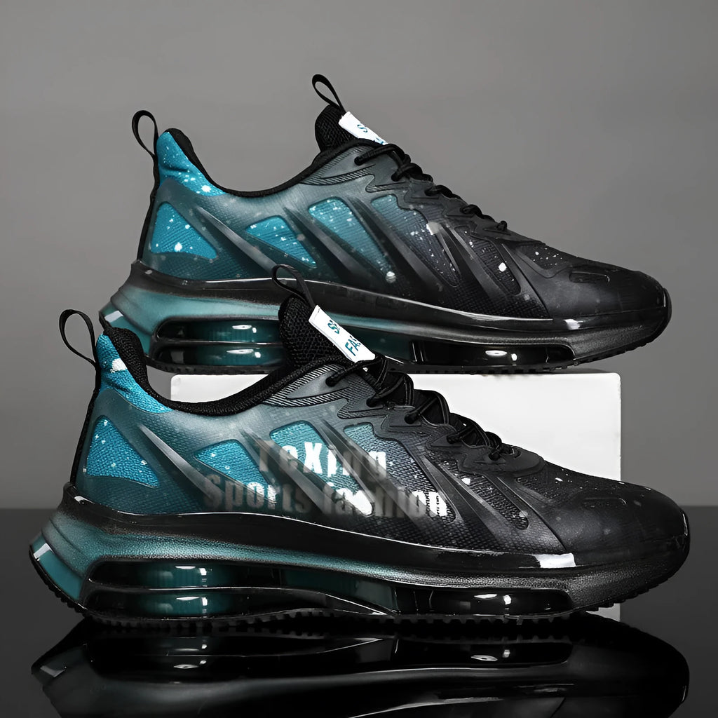 Men's black green and grey orange heightened platform casual running shoes with mesh upper and rubber sole.