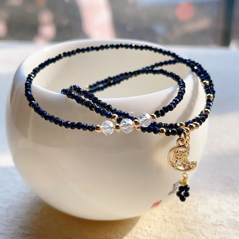 Blue sand stone three-ring bracelet for women with gold accents and multi-layer construction