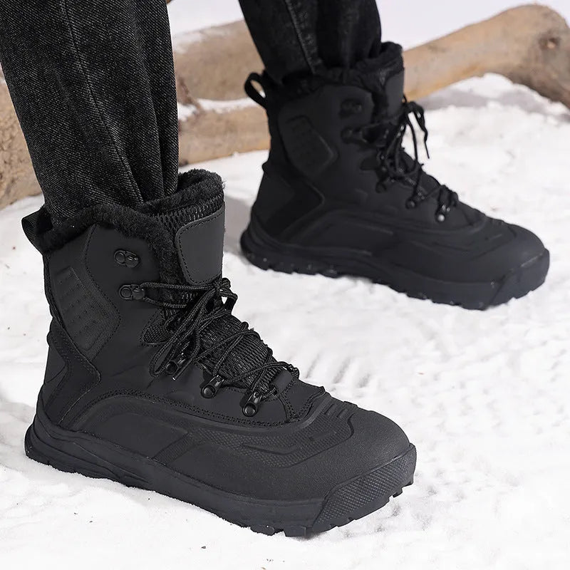 Men's black high-top lace-up boots with fleece lining, flat heel, and ribbed sole.