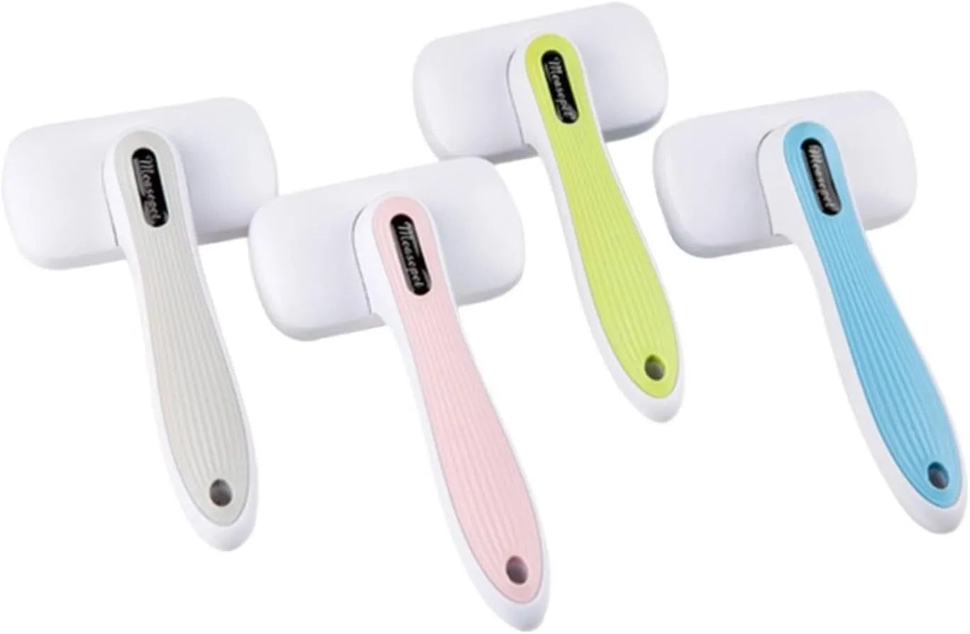 Automatic pet hair removal comb in blue, measuring 10.7cm by 19.5cm.
