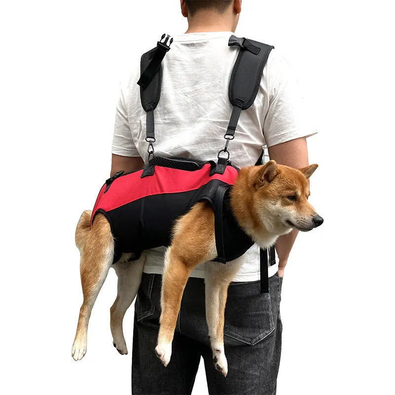 Multifunctional soft Oxford cloth pet backpack in black and red, shown as an adjustable airborne walking stretcher carrier.
